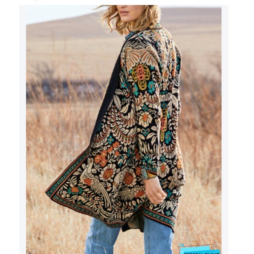 Peruvian Connection Pima Cotton Bird Floral Jacquard Knit Cardigan Duster Medium
